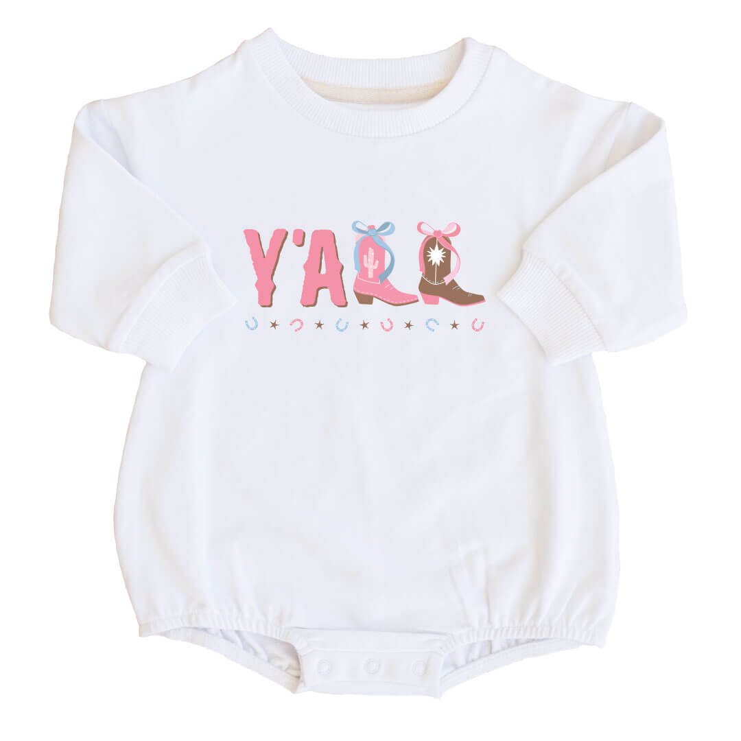 Y'all Graphic Sweatshirt Bubble Romper | White