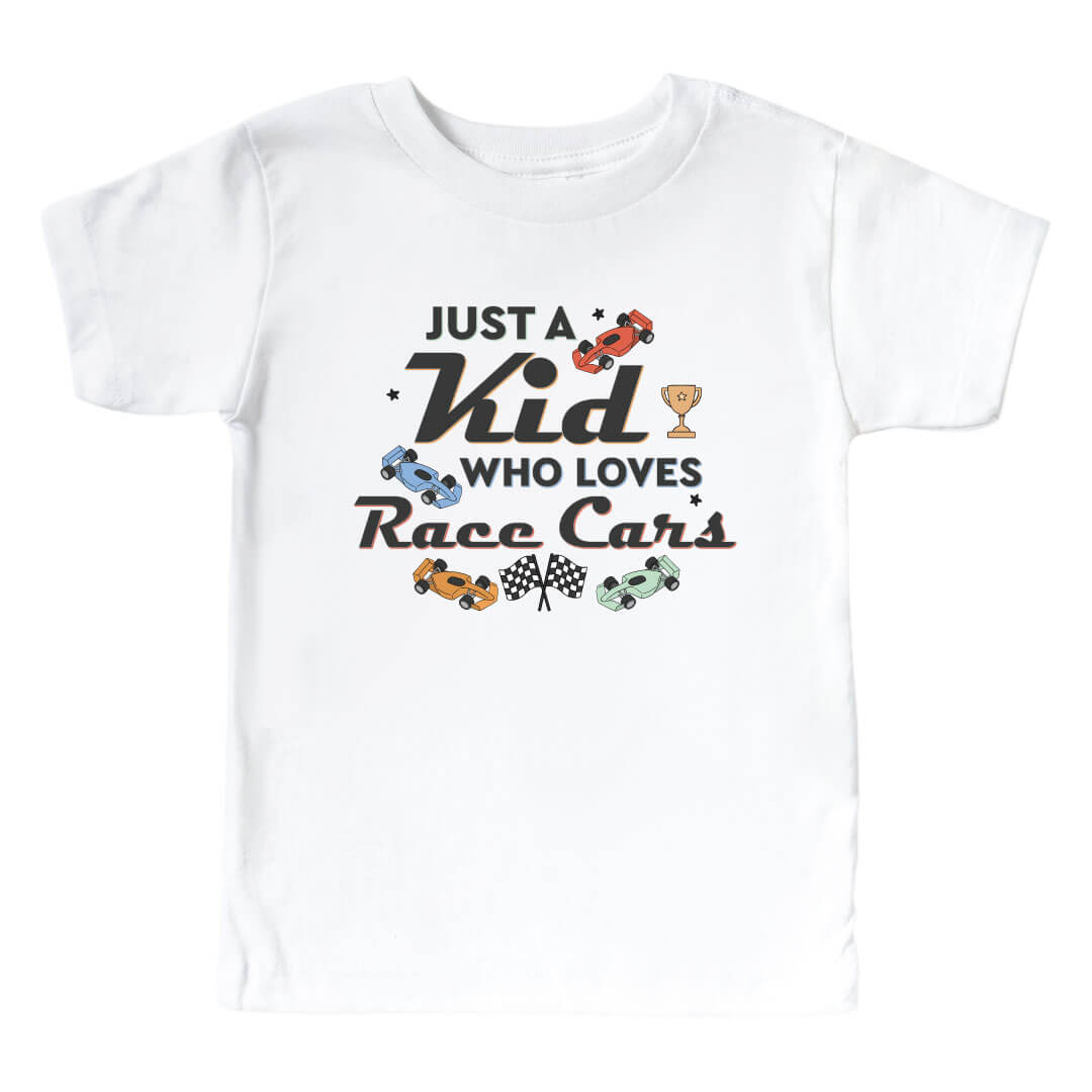 Who Loves Race Cars Kids Graphic Tee | White