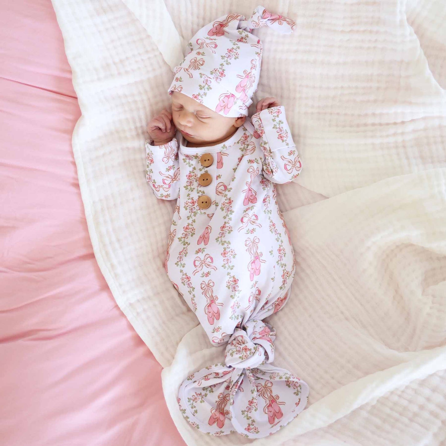 Ballet Blossoms Newborn Baby Knot Gown & Hat Set