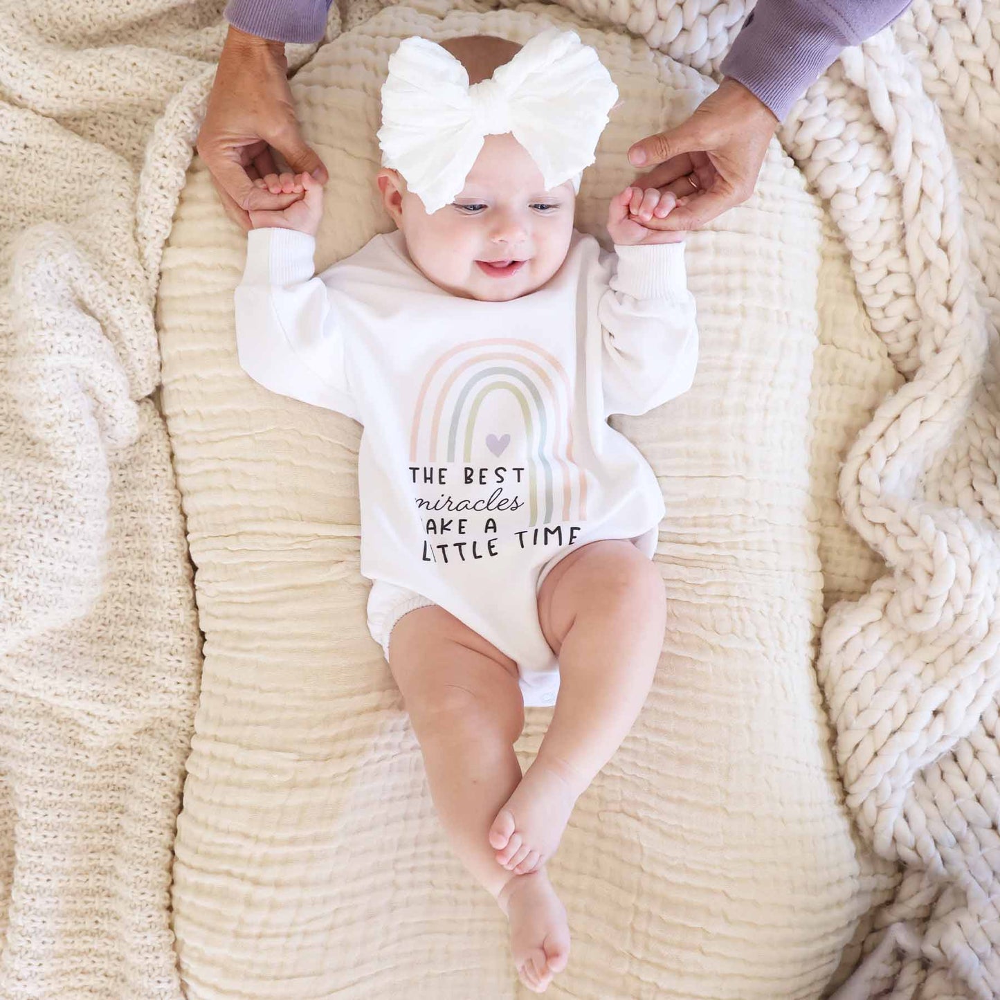 Best Miracles Graphic Sweatshirt Bubble Romper | White