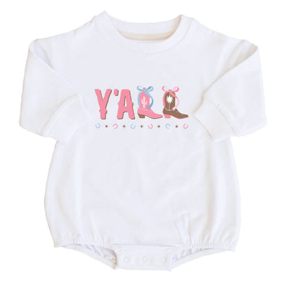 Y'all Graphic Sweatshirt Bubble Romper | White