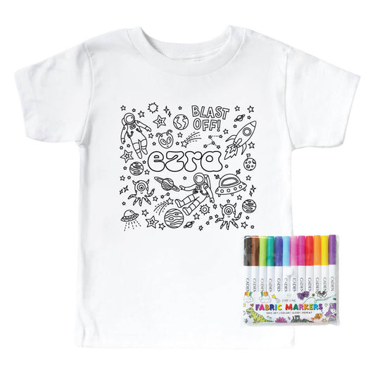 Colorable Blast Off Personalized Kids Graphic Tee | White