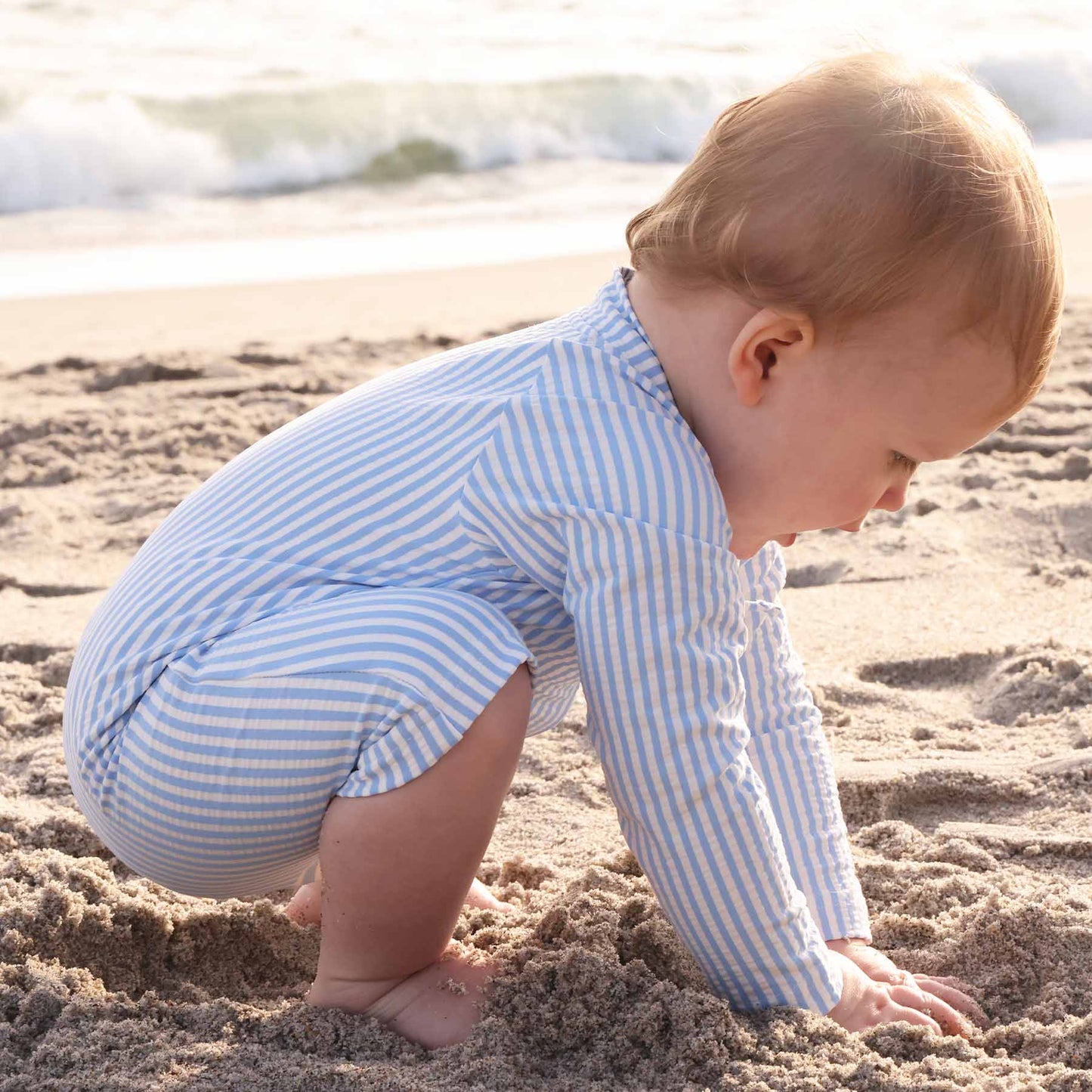 Long Sleeve Rash Guard Swim Romper Shortie | Seersucker Blue