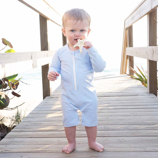 Long Sleeve Rash Guard Swim Romper Shortie | Seersucker Blue