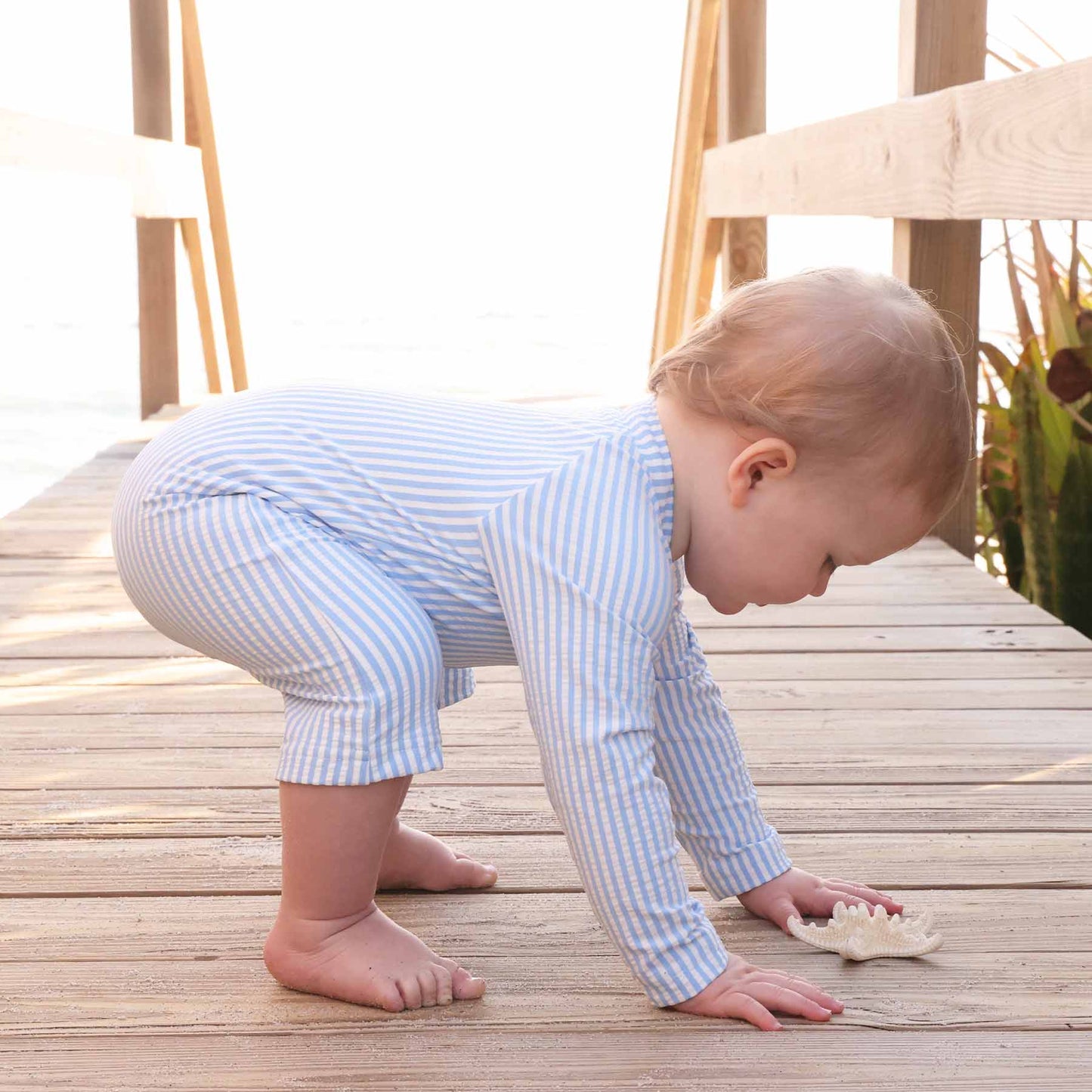 Long Sleeve Rash Guard Swim Romper Shortie | Seersucker Blue