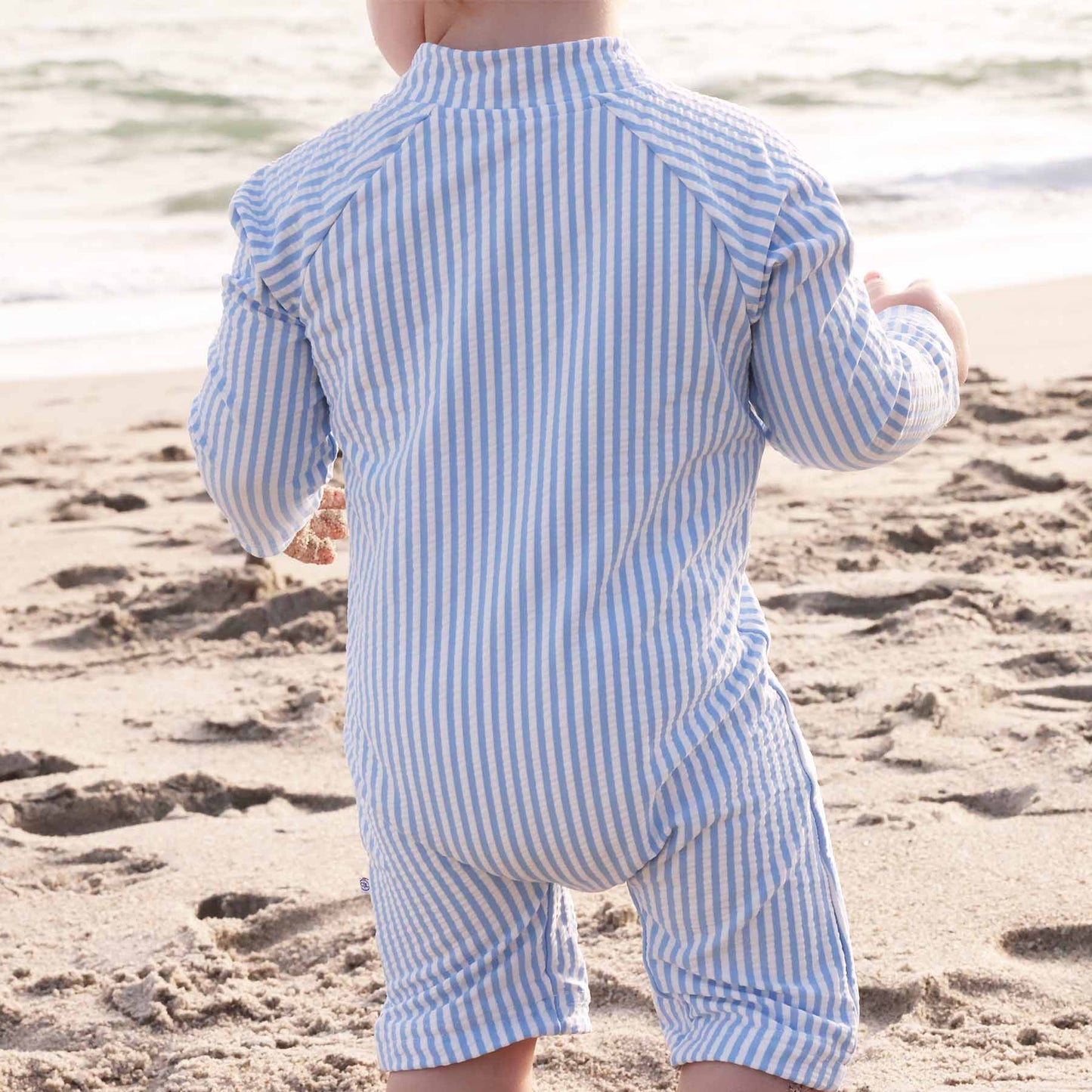 Long Sleeve Rash Guard Swim Romper Shortie | Seersucker Blue