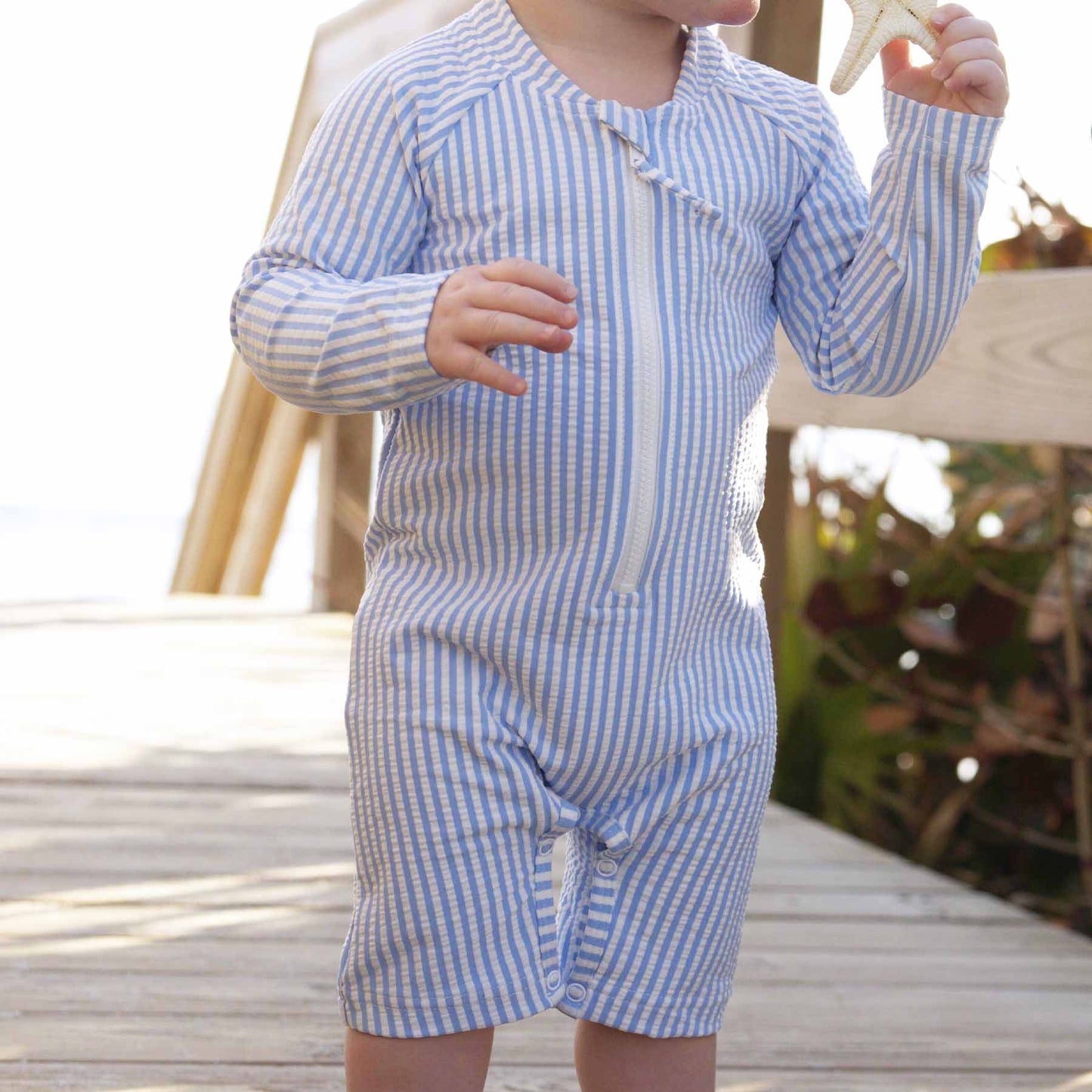 Long Sleeve Rash Guard Swim Romper Shortie | Seersucker Blue