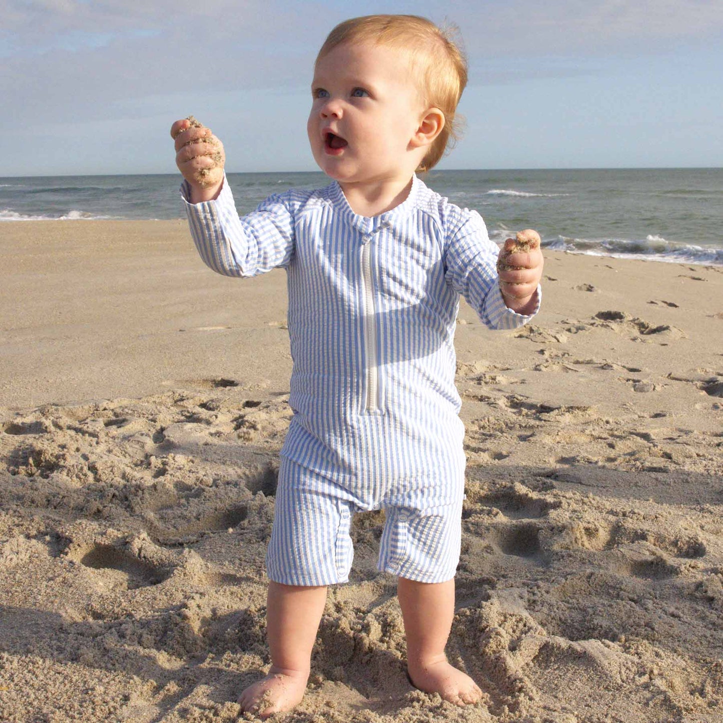 Long Sleeve Rash Guard Swim Romper Shortie | Seersucker Blue