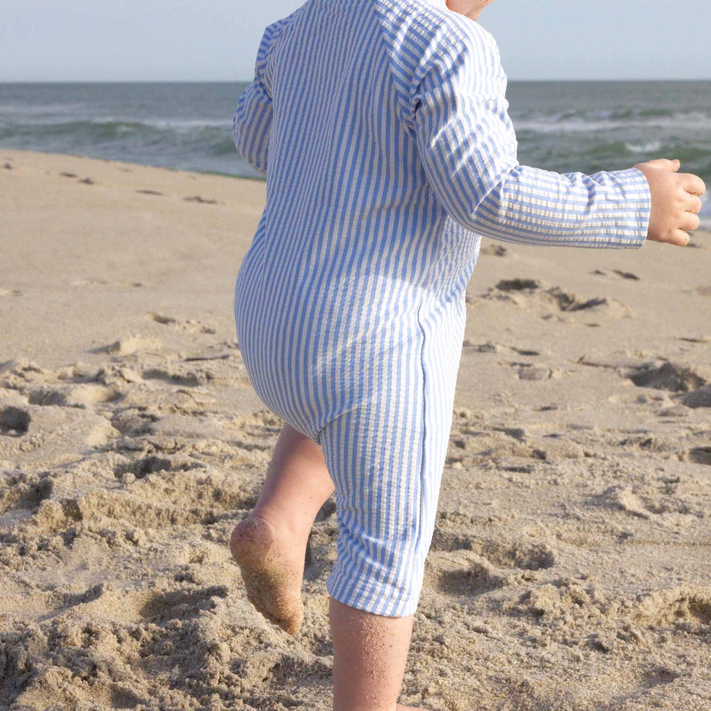 Long Sleeve Rash Guard Swim Romper Shortie | Seersucker Blue