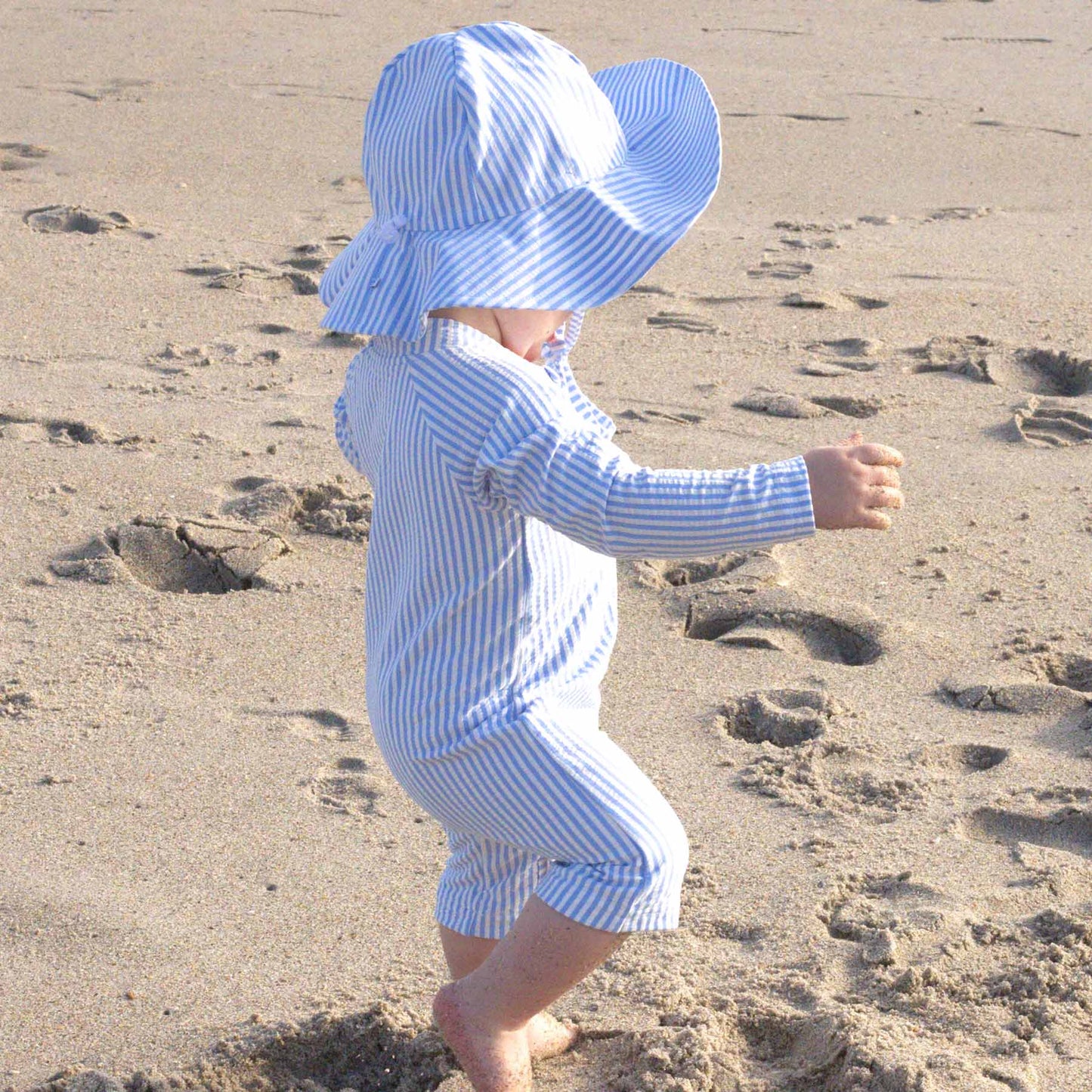 Long Sleeve Rash Guard Swim Romper Shortie | Seersucker Blue