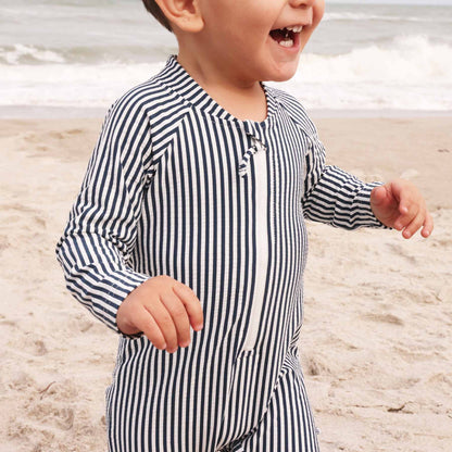 Long Sleeve Rash Guard Swim Romper Shortie | Seersucker Navy