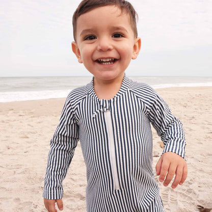 Long Sleeve Rash Guard Swim Romper Shortie | Seersucker Navy