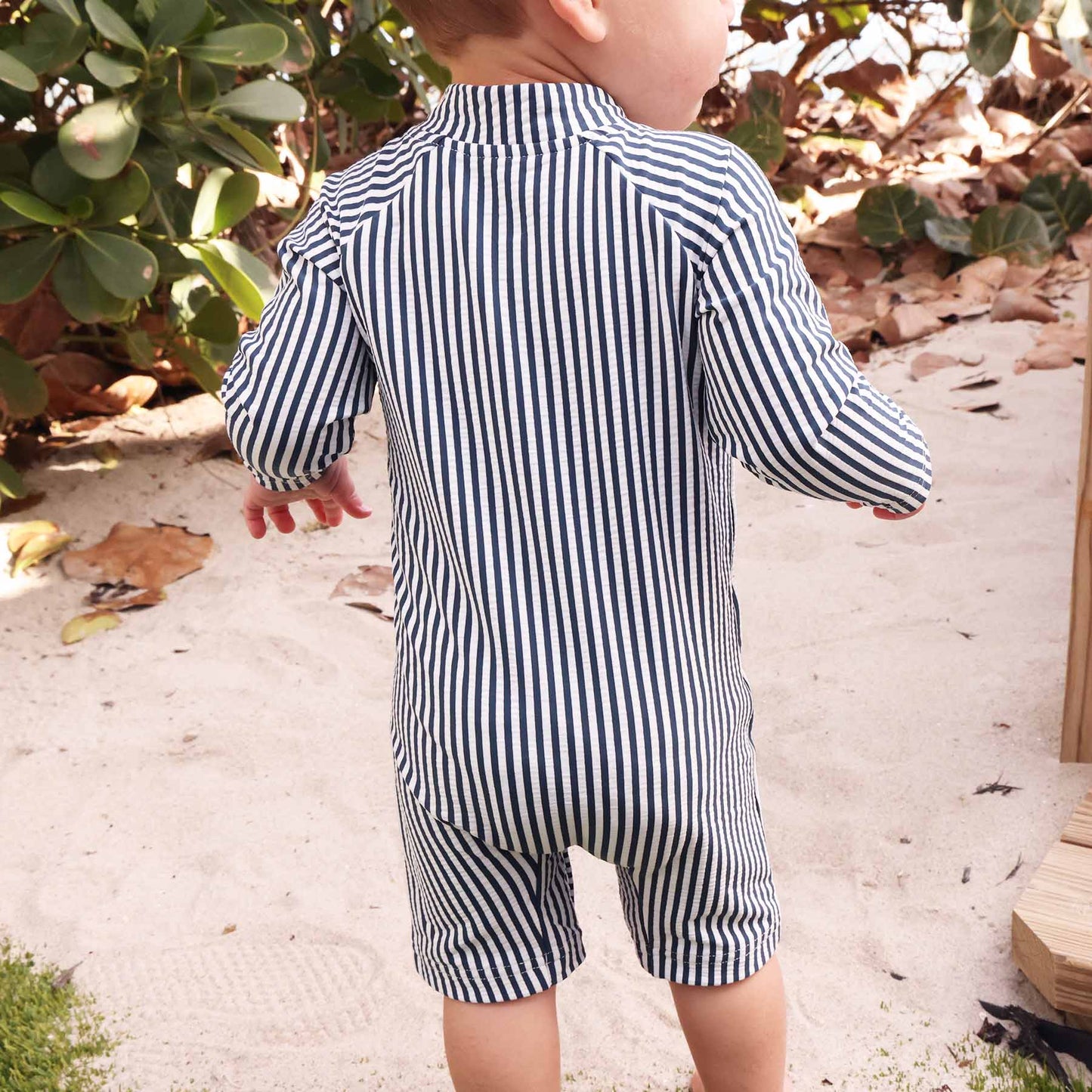 Long Sleeve Rash Guard Swim Romper Shortie | Seersucker Navy