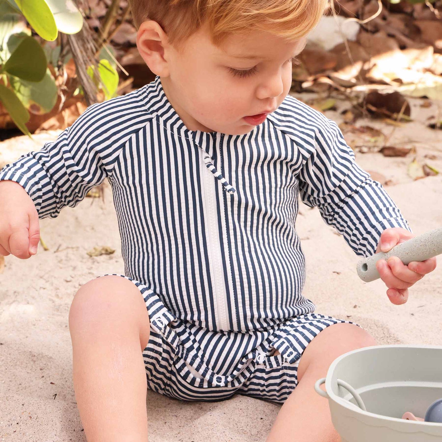 Long Sleeve Rash Guard Swim Romper Shortie | Seersucker Navy