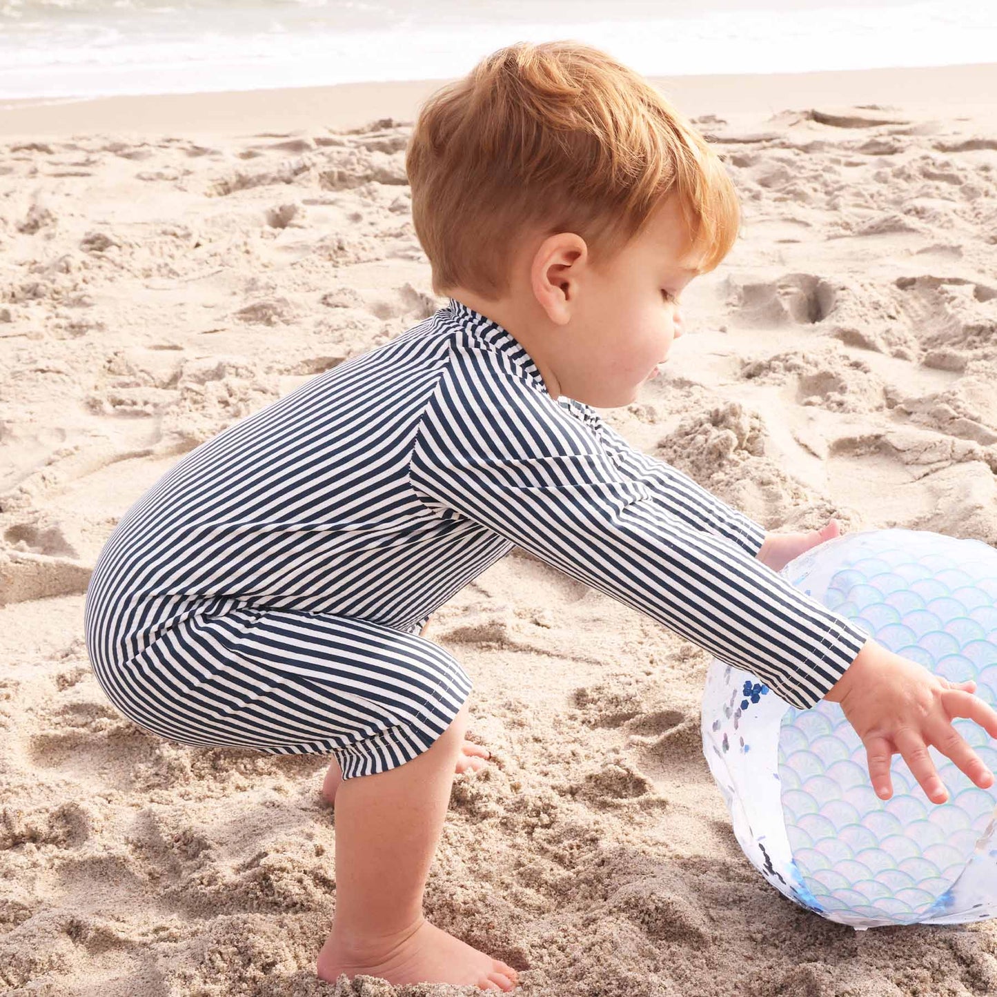 Long Sleeve Rash Guard Swim Romper Shortie | Seersucker Navy
