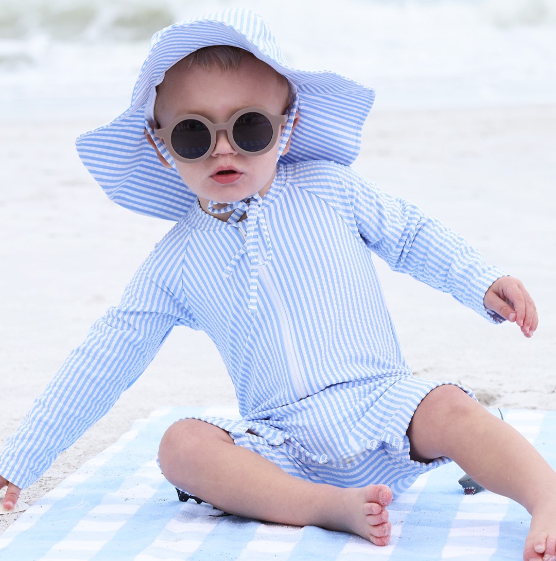 Long Sleeve Rash Guard Swim Romper Shortie | Seersucker Blue