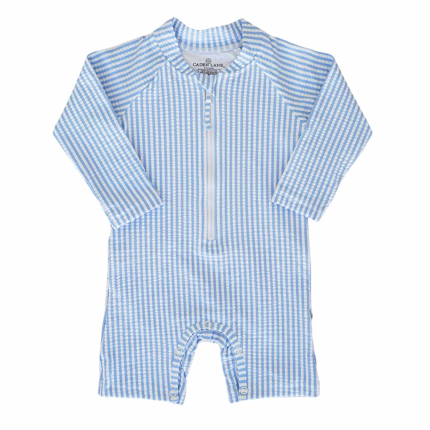 Long Sleeve Rash Guard Swim Romper Shortie | Seersucker Blue