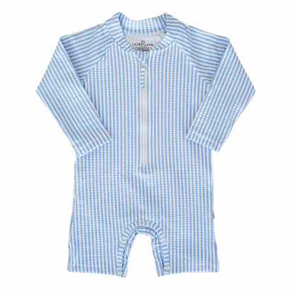 Long Sleeve Rash Guard Swim Romper Shortie | Seersucker Blue