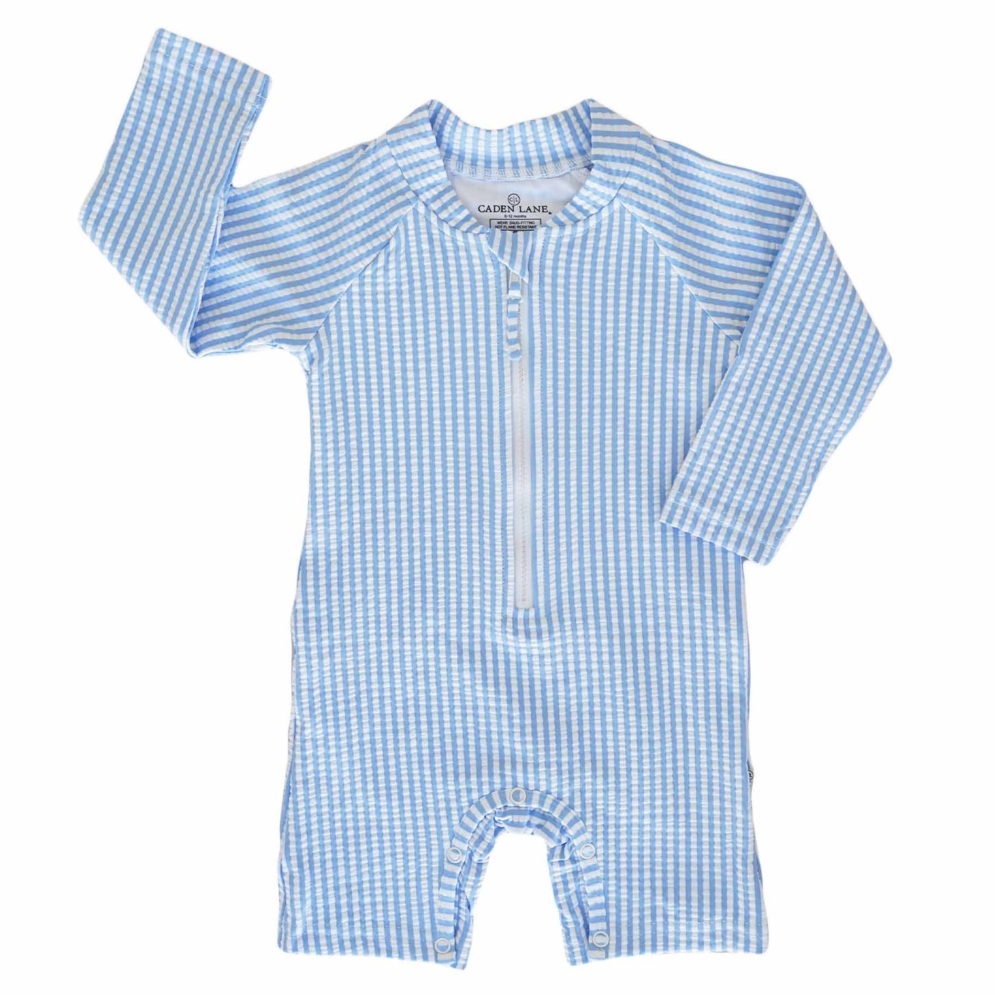 Long Sleeve Rash Guard Swim Romper Shortie | Seersucker Blue