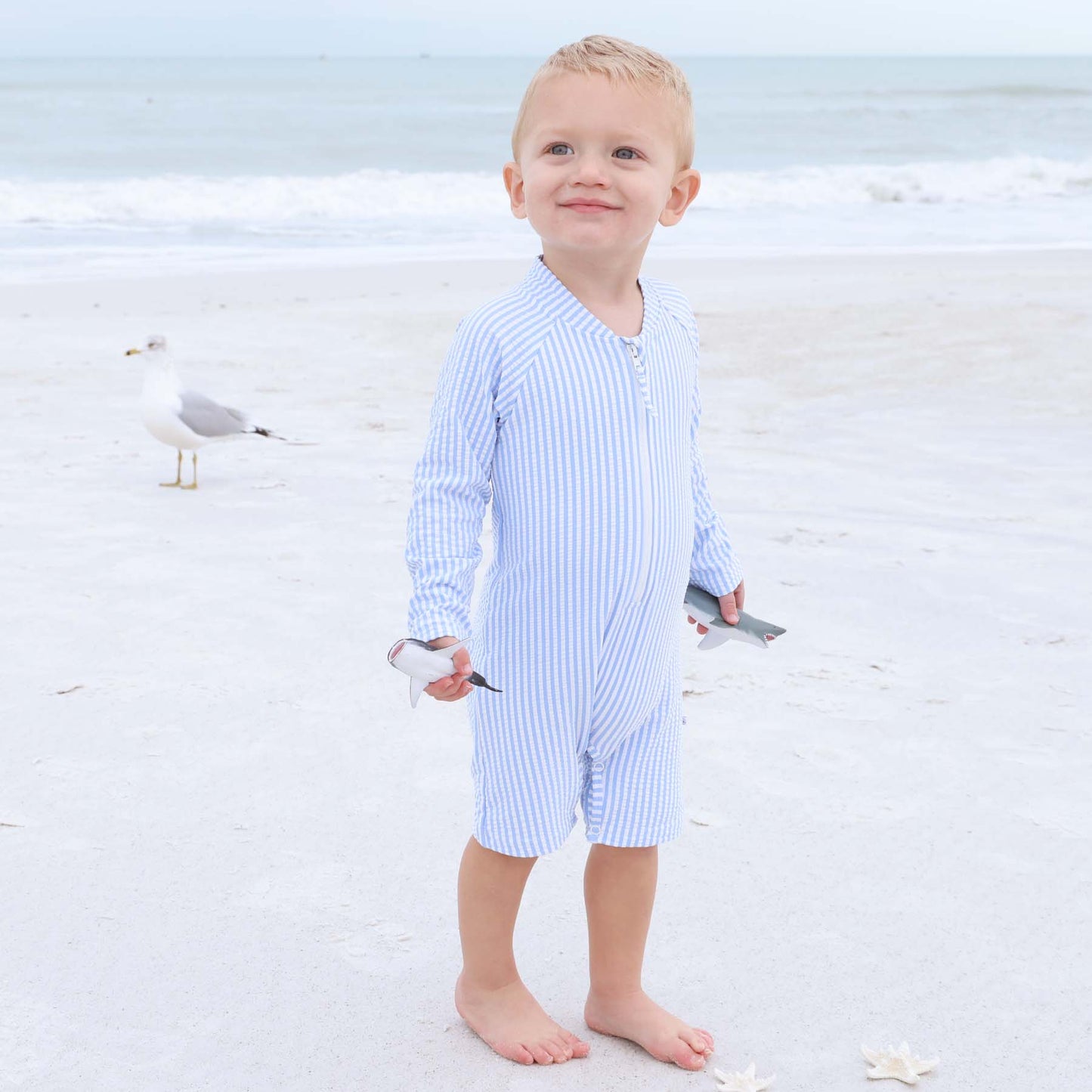 Long Sleeve Rash Guard Swim Romper Shortie | Seersucker Blue