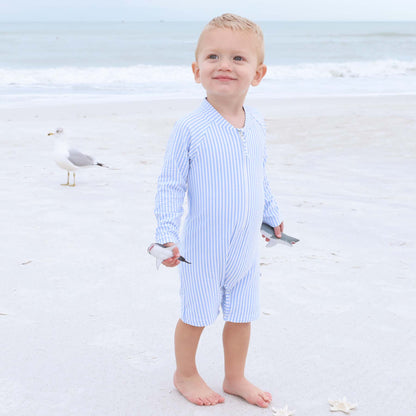 Long Sleeve Rash Guard Swim Romper Shortie | Seersucker Blue
