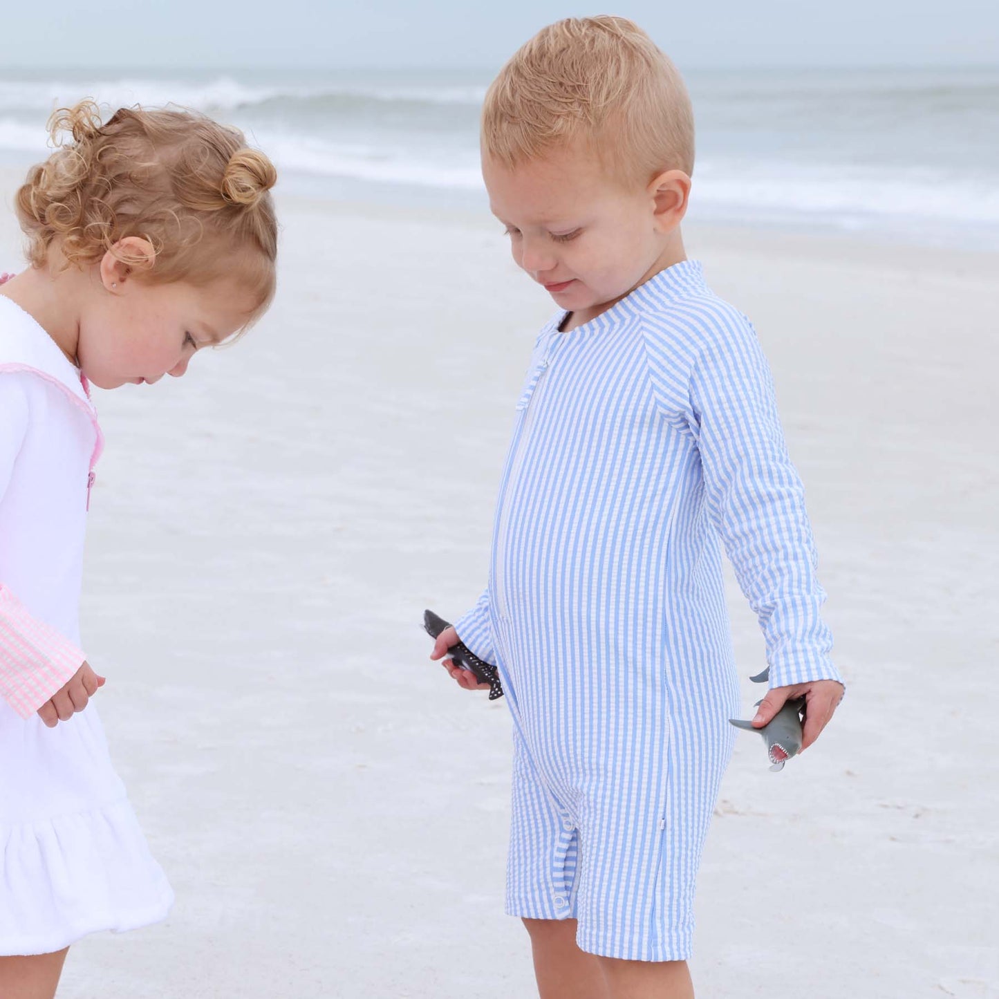 Long Sleeve Rash Guard Swim Romper Shortie | Seersucker Blue