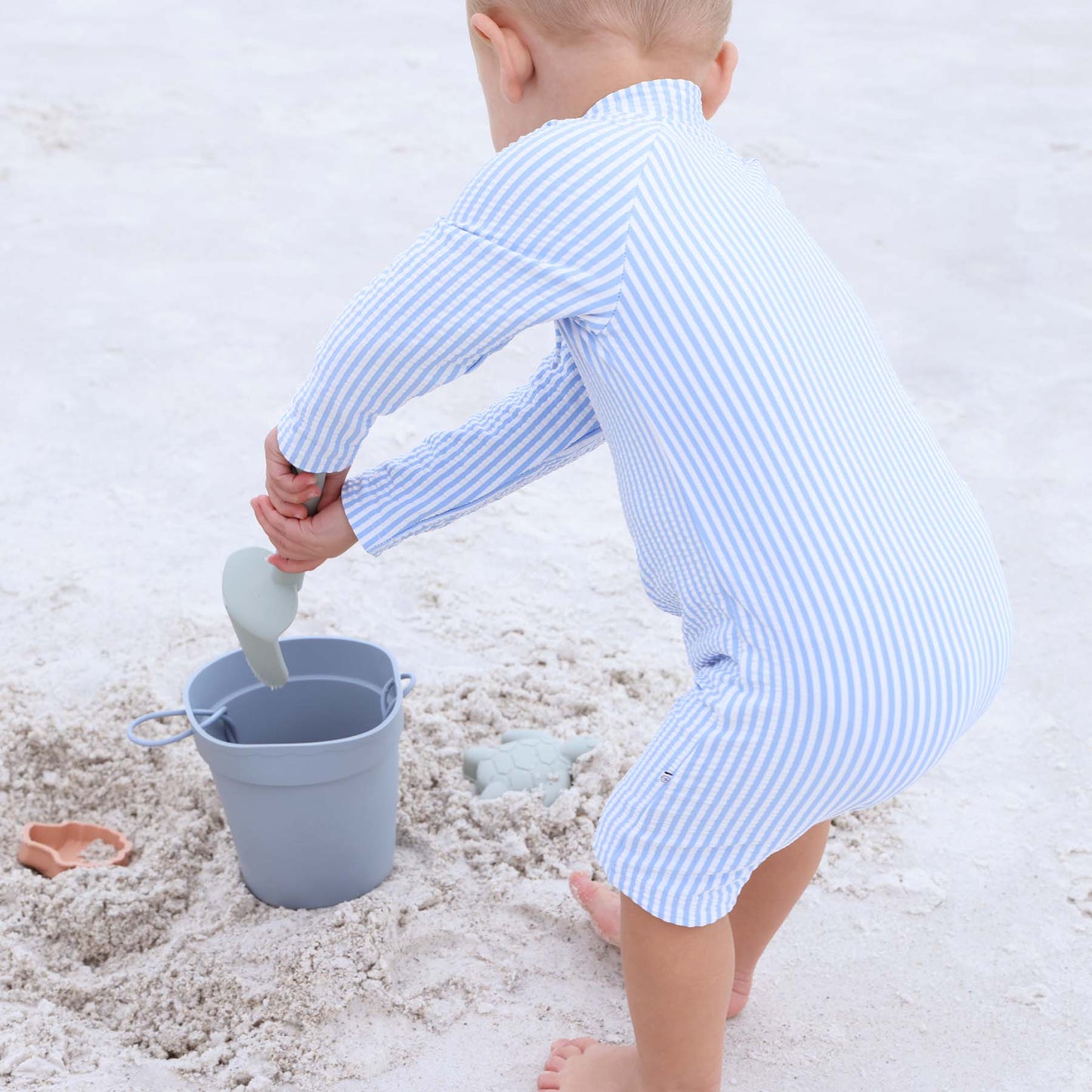 Long Sleeve Rash Guard Swim Romper Shortie | Seersucker Blue