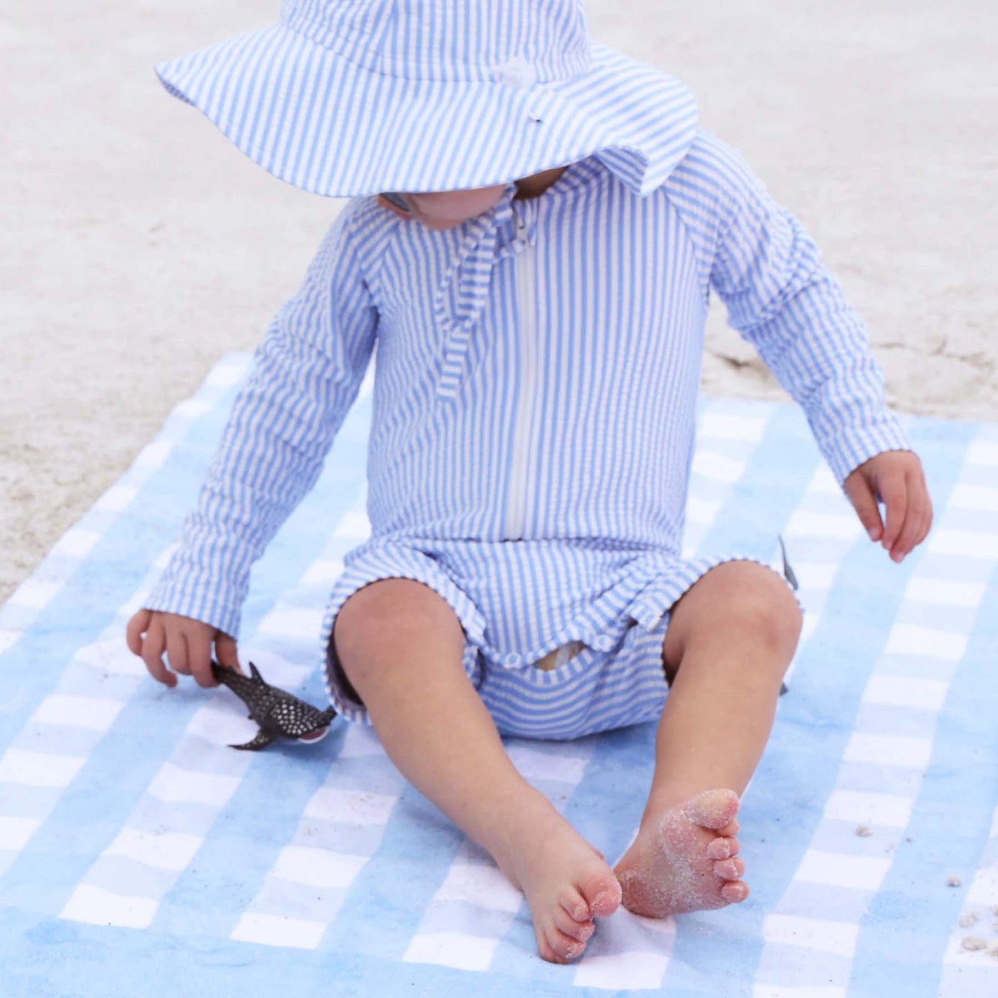 Long Sleeve Rash Guard Swim Romper Shortie | Seersucker Blue