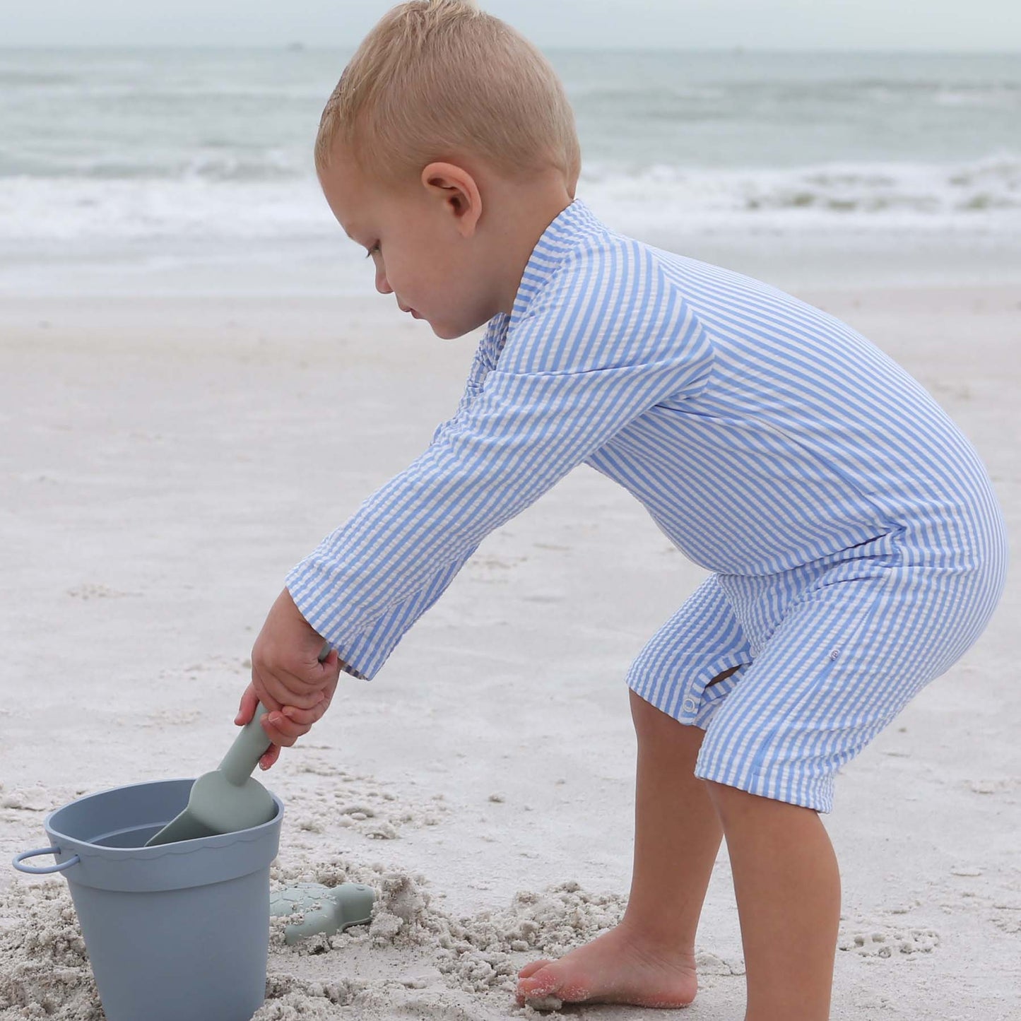 Long Sleeve Rash Guard Swim Romper Shortie | Seersucker Blue