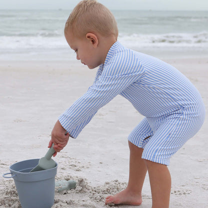 Long Sleeve Rash Guard Swim Romper Shortie | Seersucker Blue