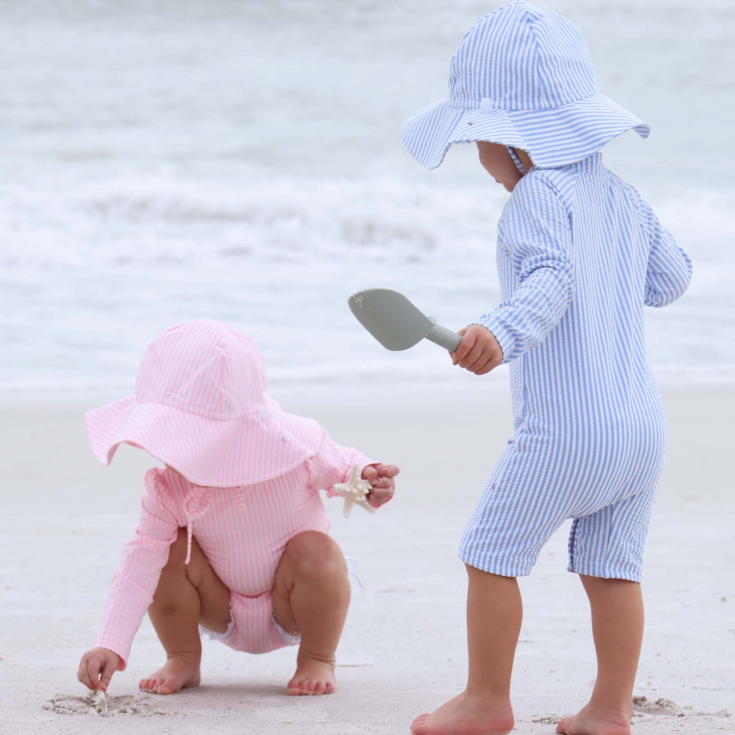 Long Sleeve Rash Guard Swim Romper Shortie | Seersucker Blue