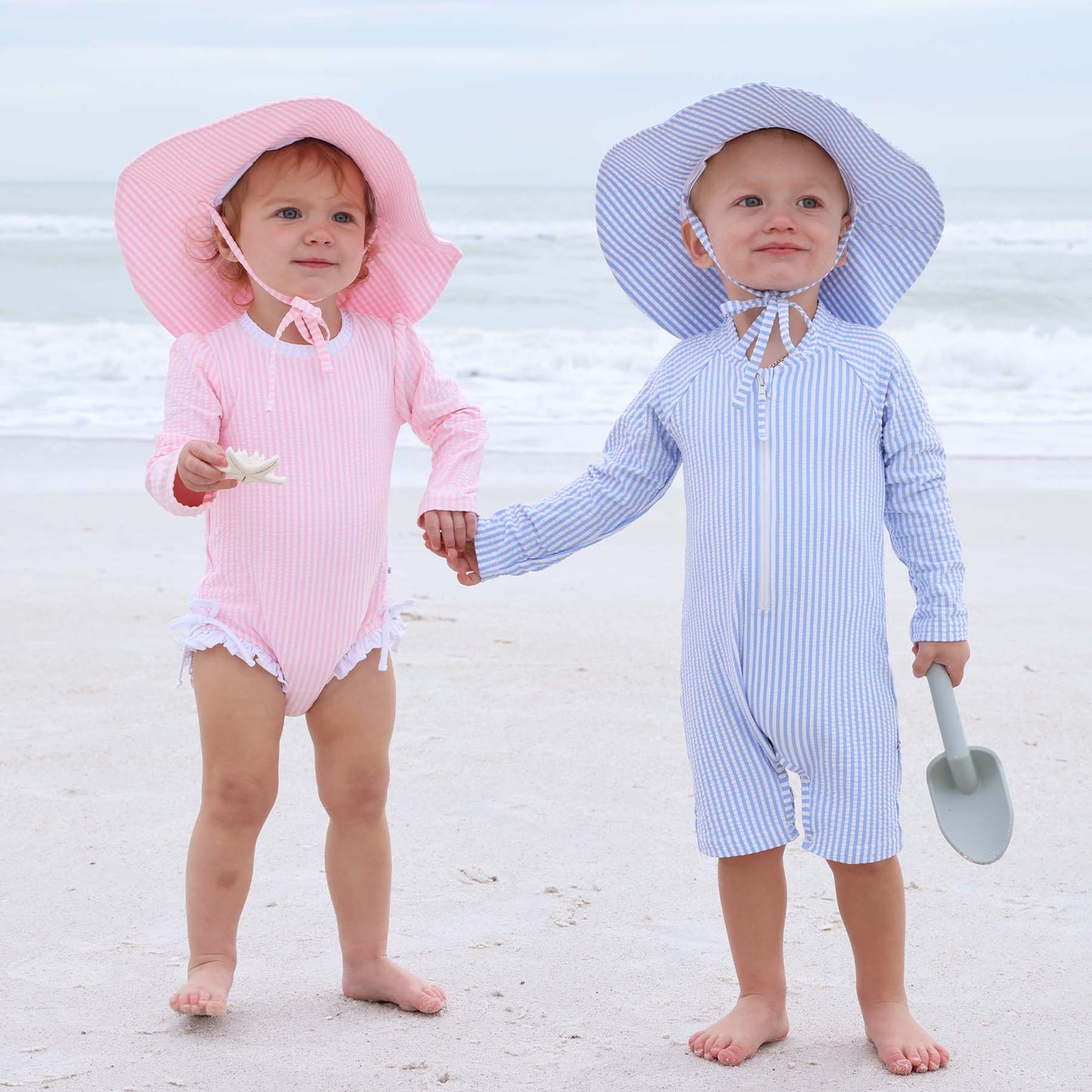 Long Sleeve Rash Guard Swim Romper Shortie | Seersucker Blue