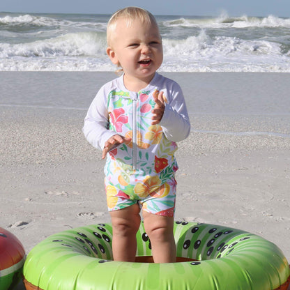 Long Sleeve Rash Guard Swim Romper Shortie | Tropical Paradise